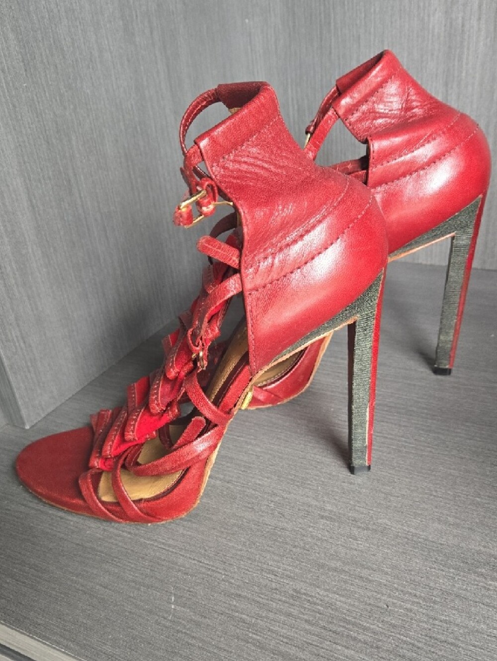 L.A.M.B. Red Suede Lace-Up Strappy Heels - Picture 2 of 5